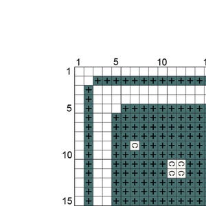 May include: A cross-stitch pattern grid featuring a white background with dark teal plus signs arranged in rows and columns. The grid includes numbered axes from 1 to 15 and several white squares marked with the letter C interspersed throughout.