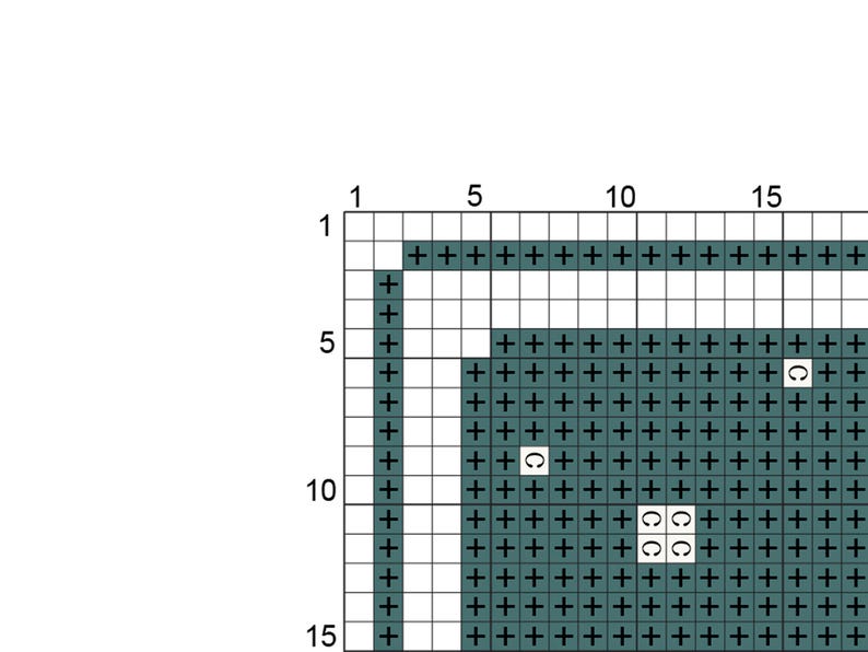 May include: A cross-stitch pattern grid featuring a white background with dark teal plus signs arranged in rows and columns. The grid includes numbered axes from 1 to 15 and several white squares marked with the letter C interspersed throughout.