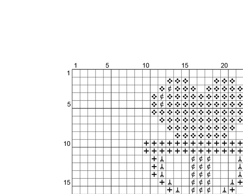 May include: Black and white cross stitch pattern chart with symbols for a heart design. The chart includes the symbols "+", "&cent;", and "&Psi;".