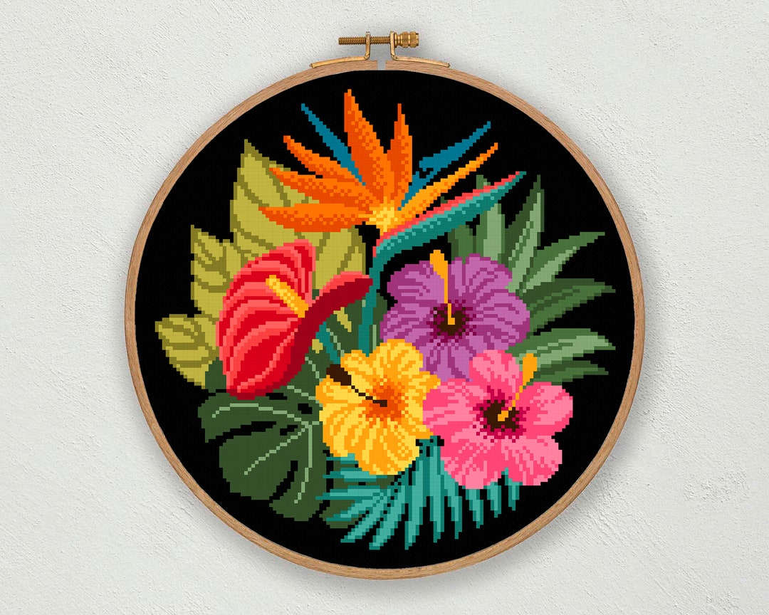 Tropical Flowers Cross Stitch Pattern: Hibiscus, Anthurium (PDF