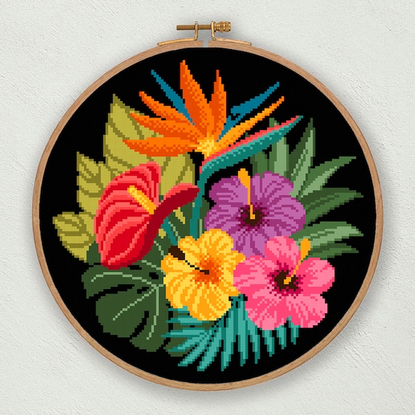 Patrón de punto de cruz de flores tropicales, patrón de bordado de flores exóticas en pdf, hibisco, ave del paraíso, anturio, punto de cruz floral