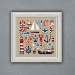 K&ouml;nnte beinhalten: Eine bunte Illustration von nautischen Symbolen, darunter ein Leuchtturm, ein Segelboot, ein Anker, Muscheln und ein Hummer. Die Symbole sind in einem Raster auf einem beigefarbenen Hintergrund angeordnet.