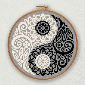 Ying Yang cross stitch pattern, Floral cross stitch, Black and white counted cross stitch, Ying Yang embroidery wall ornation pdf download