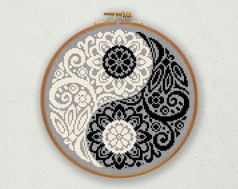 Ying Yang cross stitch pattern, Floral cross stitch, Black and white counted cross stitch, Ying Yang embroidery wall ornation pdf download