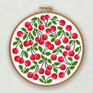 Red cherries cross stitch pattern, Cherry cross stitch chart, Fruits cross stitch digital download, Kitchen cross stitch, PDF cherries print