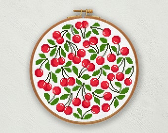 Red cherries cross stitch pattern, Cherry cross stitch chart, Fruits cross stitch digital download, Kitchen cross stitch, PDF cherries print