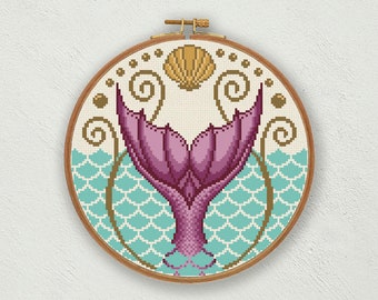 Mermaid tail cross stitch pattern, Mermaid cross stitch, Mermaid embroidery, Sea cross stitch, Nursery cross stitch PDF, Nautical embroidery
