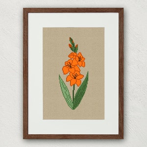 Kruissteekpatroon gladiolen, kruissteek bloemen geboorte augustus, borduurkaart oranje gladiolenbloem, kruissteek bloemen Natuur decor