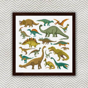 May include: A colorful cross-stitch pattern featuring a variety of dinosaurs, including a Tyrannosaurus Rex, a Stegosaurus, and a Brachiosaurus. The dinosaurs are depicted in a pixelated style, with a white background.