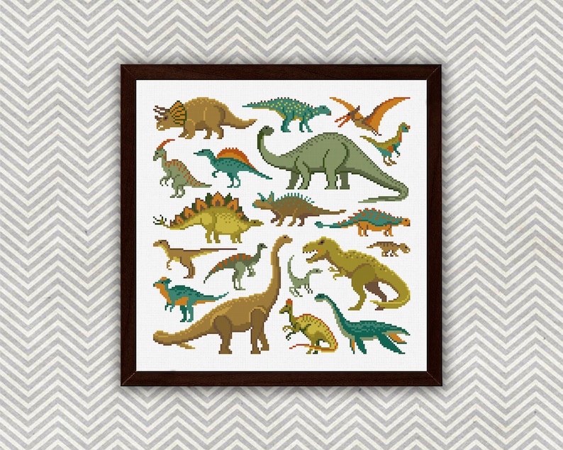 May include: A colorful cross-stitch pattern featuring a variety of dinosaurs, including a Tyrannosaurus Rex, a Stegosaurus, and a Brachiosaurus. The dinosaurs are depicted in a pixelated style, with a white background.