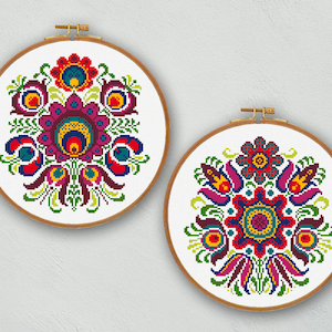 Set of floral folk cross stitch patterns, Modern folk floral cross stitch chart, Scandinavian folk art embroidery pattern, Hungarian flowers