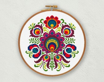 Floral Folk Art Cross Stitch Pattern: Scandinavian Embroidery (Instant Download)