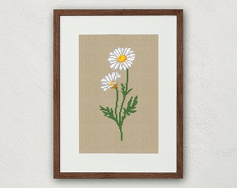 Daisy cross stitch pattern, White daisies cross stitch chart, Birth month flower cross stitch, April cross stitch, Wild flowers embroidery