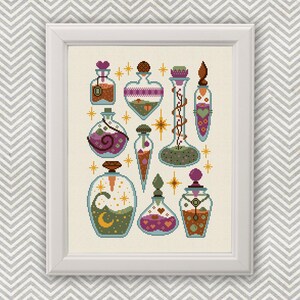 May include: A cross-stitch pattern featuring nine colorful glass bottles filled with various potions and ingredients. The bottles are decorated with stars, hearts, and other whimsical details.