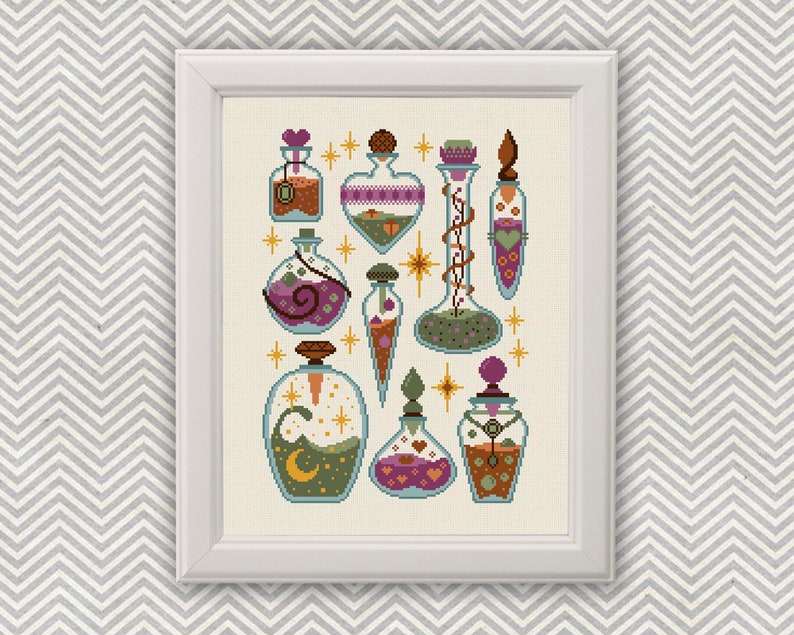 May include: A cross-stitch pattern featuring nine colorful glass bottles filled with various potions and ingredients. The bottles are decorated with stars, hearts, and other whimsical details.