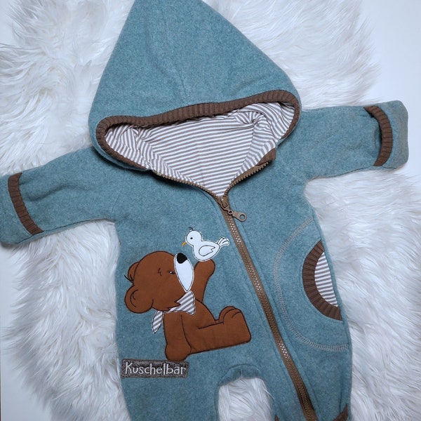 Baumwollfleece Overall in Gr. 56/62 in mint, mit Teddy, komplett gefüttert, mit Klappbündchen