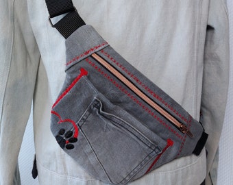 Crossbody Bag Bum Bag made of grey jeans dog love