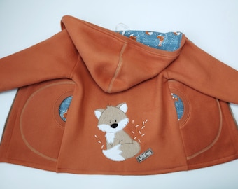 Cotton fleece jacket in size 104 unlined in rust with fox embroidery