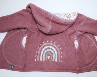 Cotton fleece jacket in size. 110, fully lined, in berry, with rainbow embroidery