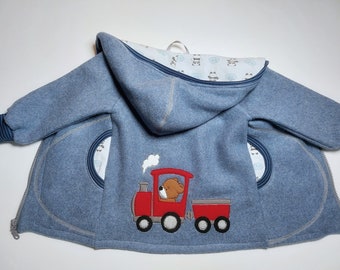 Cotton fleece jacket in size. 86, unlined, in denim blue, with teddy train embroidery