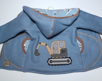 Cotton fleece jacket in size. 92 fully lined in light blue with excavator embroidery