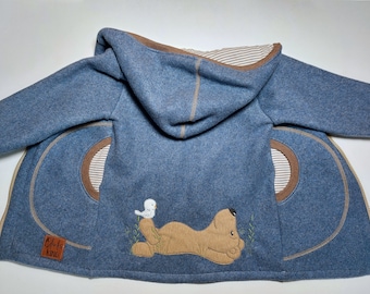 Cotton fleece jacket in size. 104 unlined in denim blue with embroidery