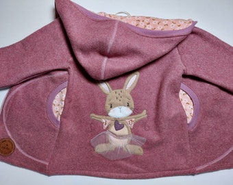 Cotton fleece jacket in size. 98, unlined, in berry, with rabbit embroidery