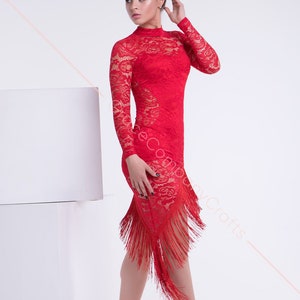 Red Latin Dance Dress With Beads and Black Lace Applique Red Rhythm Dress  L0031 -  Canada