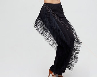 Black tango trousers with tiers of fringe at the sides. Elastic trousers