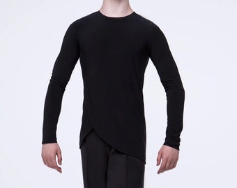 May include: A black long-sleeved shirt with a diagonal cut at the bottom, worn with black pants and black shoes.