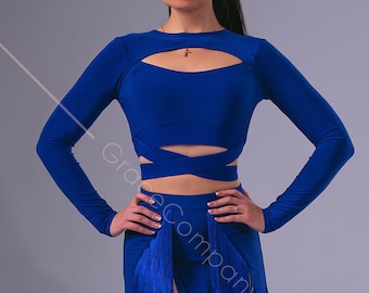 Dance top with cross straps. Blue Long Sleeve Top