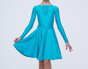 Long sleeved blue dance dress. Dance dress for a girl. Ranked Ballroom Dance Dress