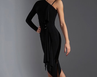Draped dance dress with a high slit. Asymmetrical dress for ballroom dancing on one shoulder. Bodycon black dress.