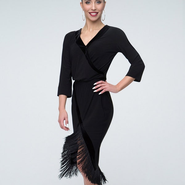 Black dress for latin bodycon silhouette. Dance dress with 3/4 sleeves. Ballroom sports dress with black velvet inserts.