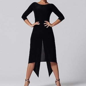 Black tango dress with a high slit. Dance dress with 3/4 sleeves and drape.