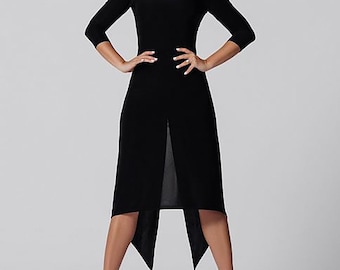 Black tango dress with a high slit. Dance dress with 3/4 sleeves and drape.