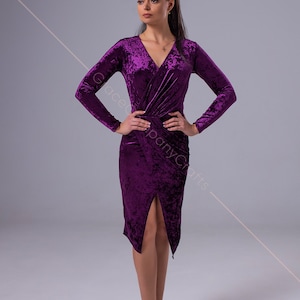 Violet velvet tango dress. Long Sleeve Velvet Wrap Dress