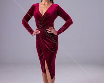 Burgundy velvet tango dress. Long Sleeve Velvet Wrap Dress