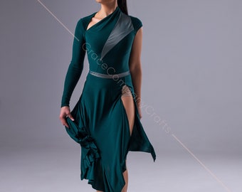 dark green dance dress YONGHS Women's Lyrical Dance Costume Split Mesh Modern Contemporary Dance Long Dress Leotard Dark Green XL