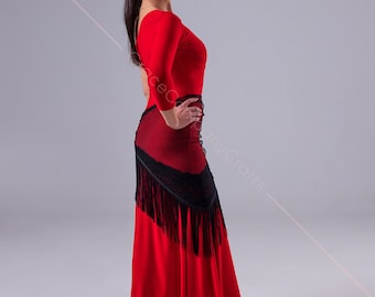 Red tango dress with a high slit. One shoulder dance dress. One sleeve dress