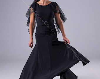 Long black dress for dancing. Mesh ruffle dress