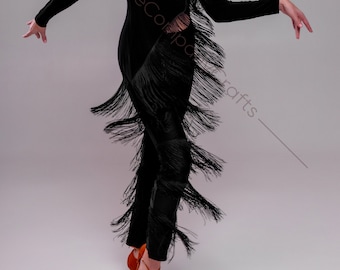 High waist dance trousers. Women's tango trousers with beautiful tiers of fringe