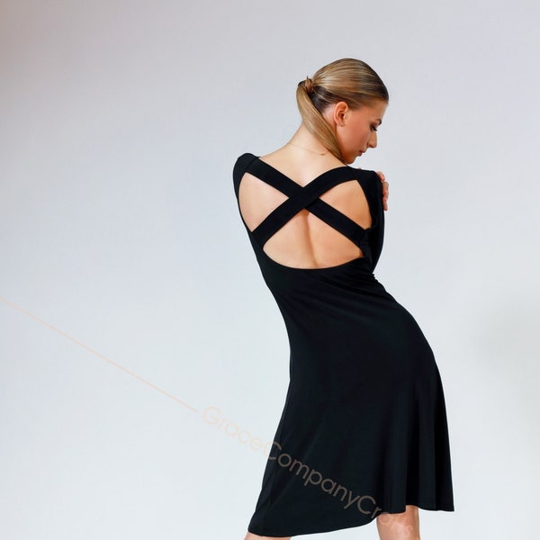Latin dress with open back. Tango dress with flared skirt