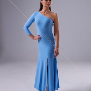 Light blue tango dress with a high slit. One shoulder dance dress. One sleeve dress