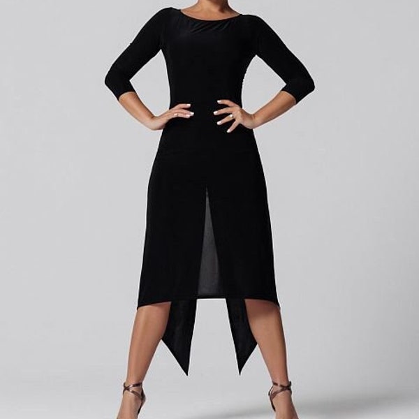 Black tango dress with a high slit. Dance dress with 3/4 sleeves and drape.