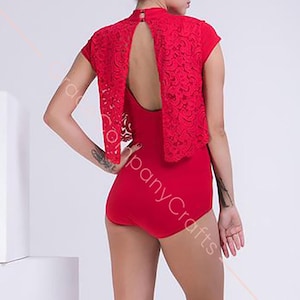 Red bodysuit for dancing with guipure wings. Sleeveless tango bodysuit. Open back bodysuit