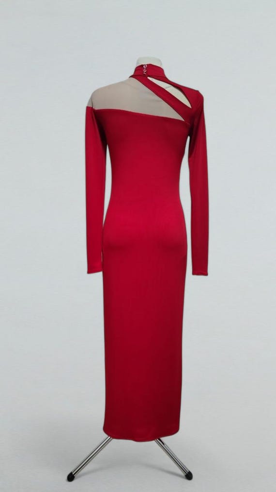 red mesh panel dress Mesh-Panel Fishtail Midi Dress in Red CHICIDA