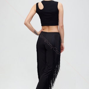 Black tango trousers with tiers of fringe at the sides. Elastic trousers image 3