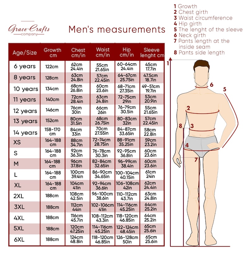 May include: A chart showing men's measurements in inches and centimetres for different ages and sizes. The chart includes measurements for growth, chest, waist, hip, and sleeve length.