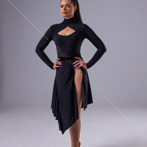 Unusual black dress with a high collar. Black Tango Dress with High Slit. Beautiful cutout ball gown. Ball gown with velvet belt